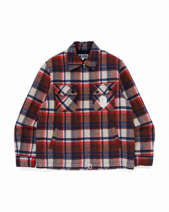 Light Red Bape Check Zip CPO Men's Jackets | ZA-37459