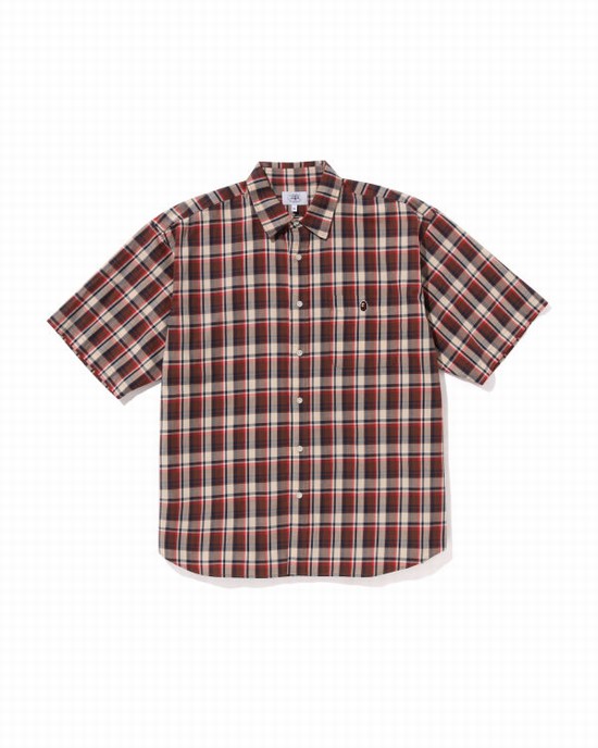 Light Red Bape Mini Check Loose Fit S/S Men's Shirts | ZA-43015