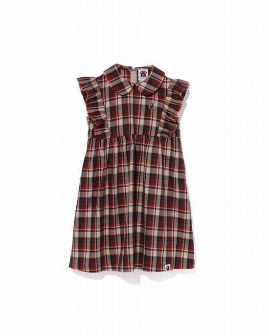 Light Red Bape Mini Check Round Collar Onepiece Kids' Dress | ZA-83790