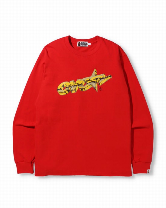 Light Red Bape X OVO Long Sleeve Men's T Shirts | ZA-21950