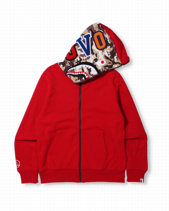 Light Red Bape X OVO Woodland Camo Shark Reversible Full Zip Men's Hoodie | ZA-70465