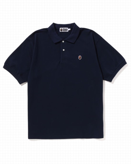 Navy / Blue Bape Ape Head One Point Relaxed Fit Polo Men's T Shirts | ZA-03729