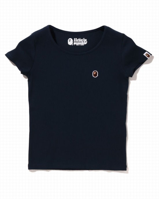 Navy / Blue Bape Ape Head One Point Rib Women's T Shirts | ZA-40693