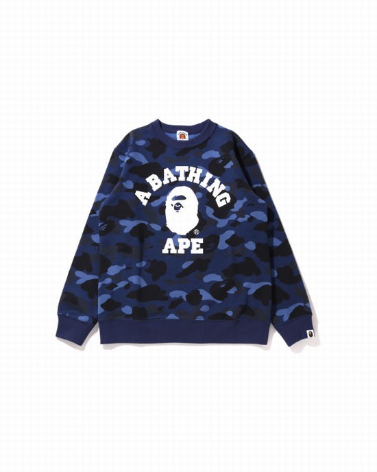 Navy / Blue Bape Color Camo College Crewneck JR Kids' Sweatshirts | ZA-53162