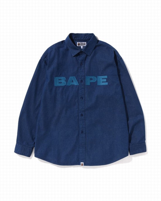 Navy / Blue Bape Denim Loose Fit Men's Shirts | ZA-89513