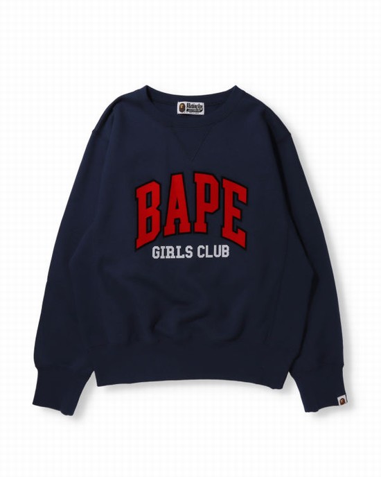 Navy / Blue Bape Girls Club Wide Crew neck Women's Sweatshirts | ZA-08236