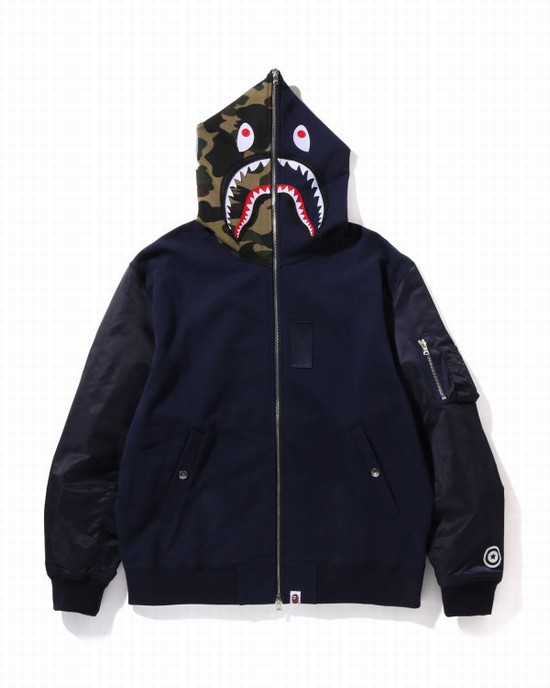 Navy / Blue Bape Military Shark Relaxed Fit Full Zip Men's Hoodie | ZA-40256