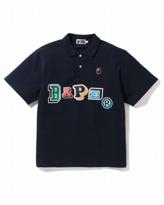 Navy / Blue Bape Multi Fonts Relaxed Fit Polo Men's T Shirts | ZA-24063