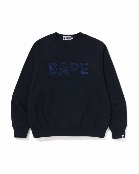 Navy / Blue Bape Patch Relaxed Fit Crewneck Men's Sweatshirts | ZA-70481