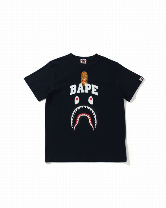 Navy / Blue Bape Shark Print Kids' T Shirts | ZA-96814