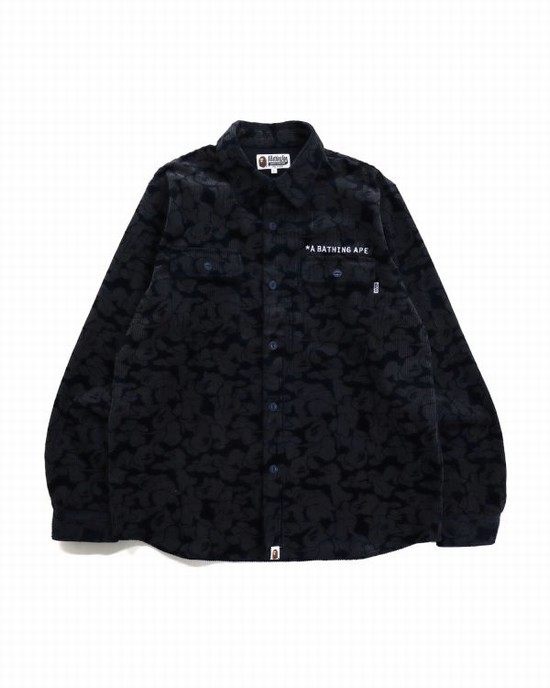 Navy / Blue Bape Solid Camo Corduroy Work Men's Shirts | ZA-46257