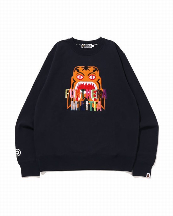 Navy / Blue Bape Tiger Embroidery Crewneck Men's Sweatshirts | ZA-54702