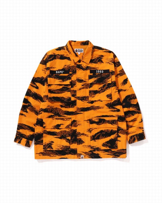 Orange Bape Tiger Camo Relaxed Fit Military Men's Shirts | ZA-87614