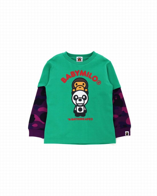 Peacock / Green Bape Color Camo Milo Panda Layered Long Sleeve Kids' T Shirts | ZA-59126