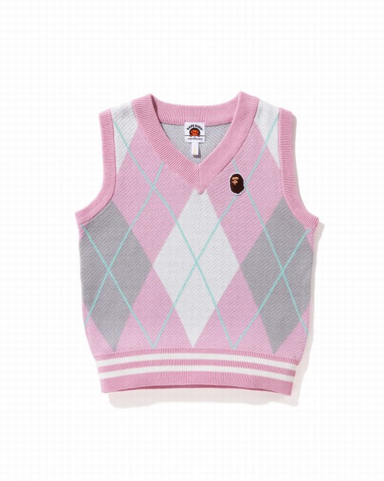 Pink Bape Ape Head Patch Argyle Kids' Vest | ZA-03624