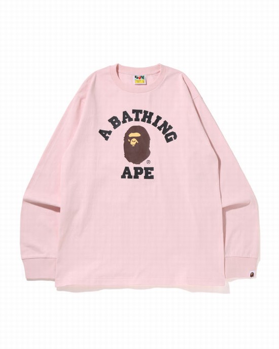 Pink Bape College L/S Men's T Shirts | ZA-47602