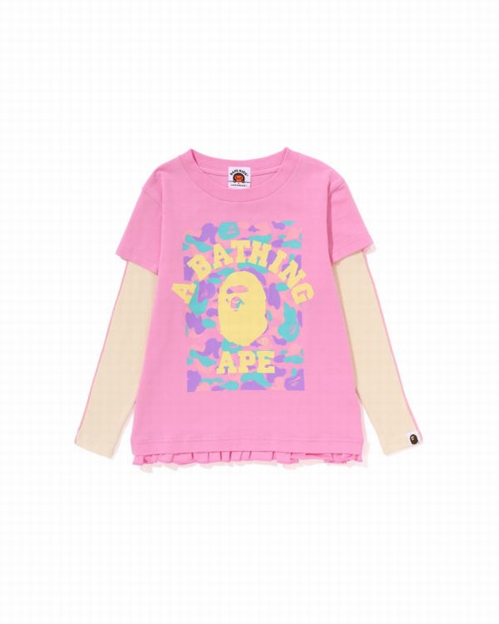 Pink Bape College Layered Frill L/S Kids' T Shirts | ZA-20856