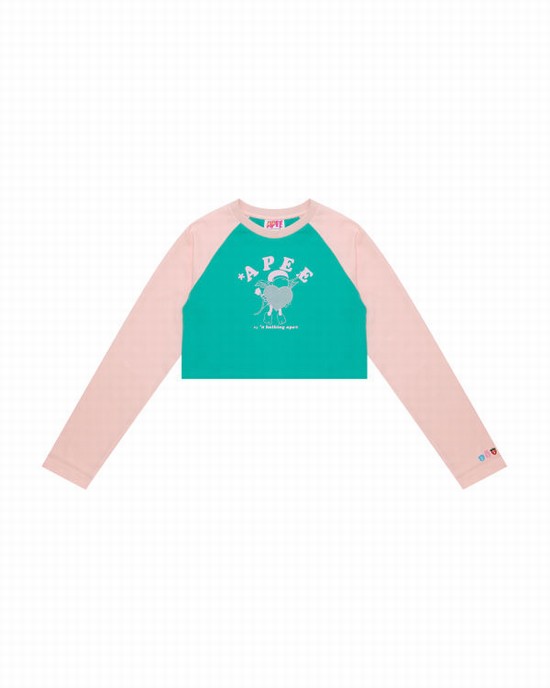 Pink Bape Graphic long sleeve raglan Women's T Shirts | ZA-15306