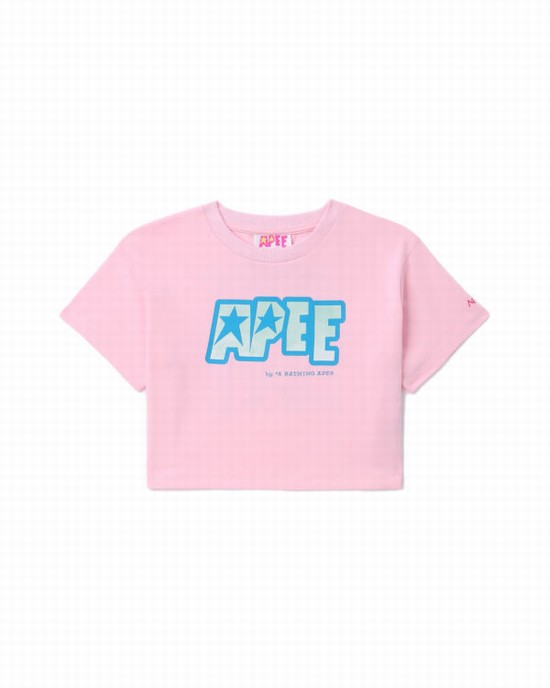 Pink Bape Logo printed crop Women's T Shirts | ZA-39087