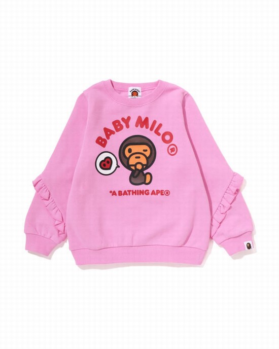 Pink Bape Milo Heart Frill Crewneck Kids' Sweatshirts | ZA-87159