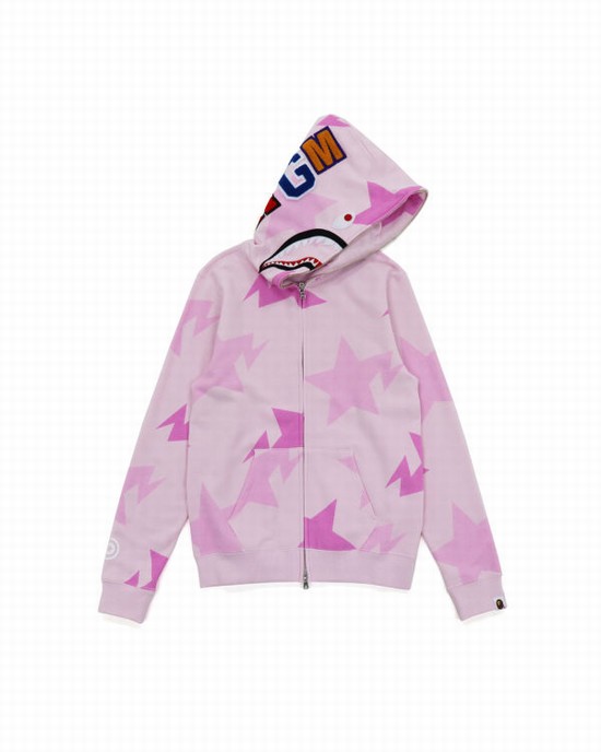 Pink Bape STA Pattern Shark Zip Kids' Hoodie | ZA-49618