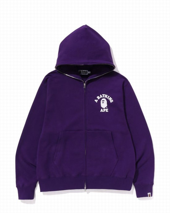 Purple Bape College Relaxed Fit Full Zip Men's Hoodie | ZA-63021