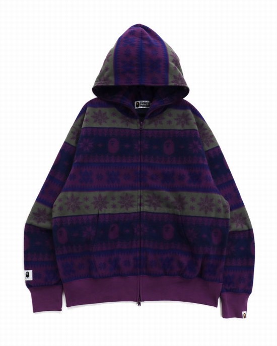 Purple Bape Snow Pattern Relaxed Fit Full Zip Men's Hoodie | ZA-01675