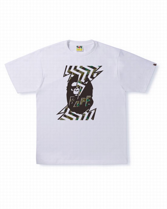 White Bape 1st Camo Lightning Ape Head Men's T Shirts | ZA-08659