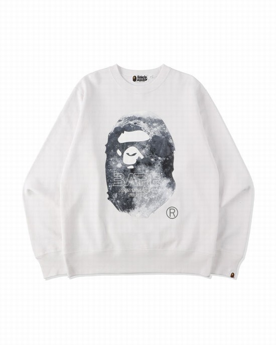 White Bape Ape Head Moon Crewneck Men's Sweatshirts | ZA-52801