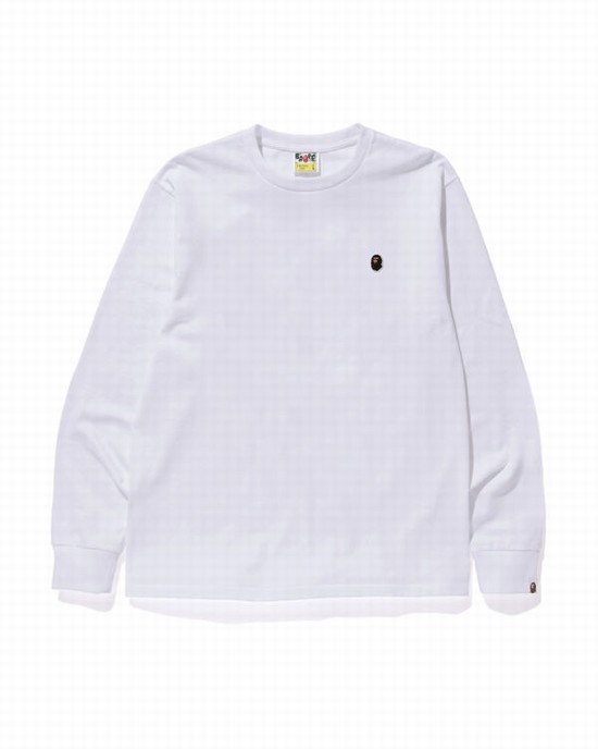 White Bape Ape Head One Point L/S Men's T Shirts | ZA-79032