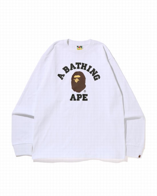 White Bape College L/S Men's T Shirts | ZA-37548