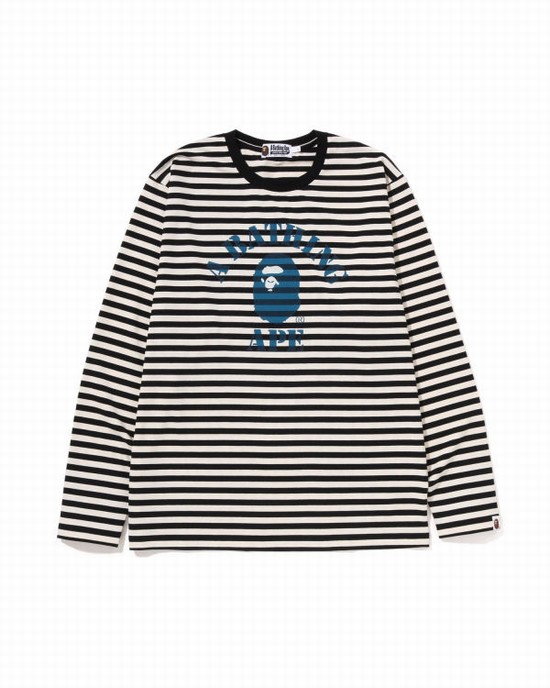 White Bape Discharge College Hoop L/S Men's T Shirts | ZA-84597