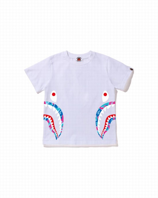 White Bape Marble Camo Side Shark Kids' T Shirts | ZA-72614