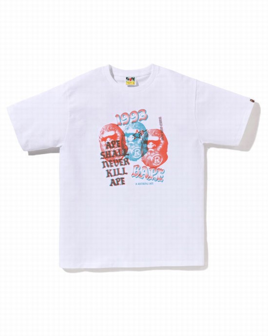 White Bape Pigment Three Ape Head Men's T Shirts | ZA-93542