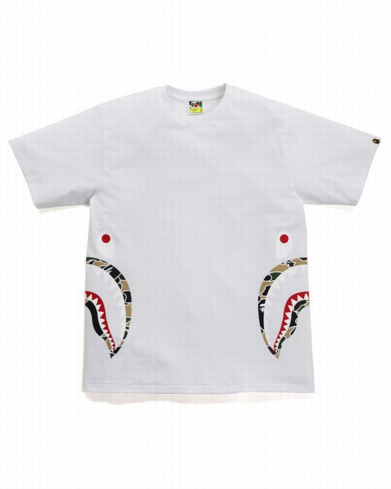 White Bape STA Camo Side Shark Men's T Shirts | ZA-78594