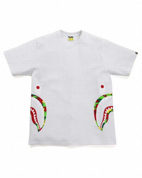 White Bape STA Camo Side Shark Men's T Shirts | ZA-98532