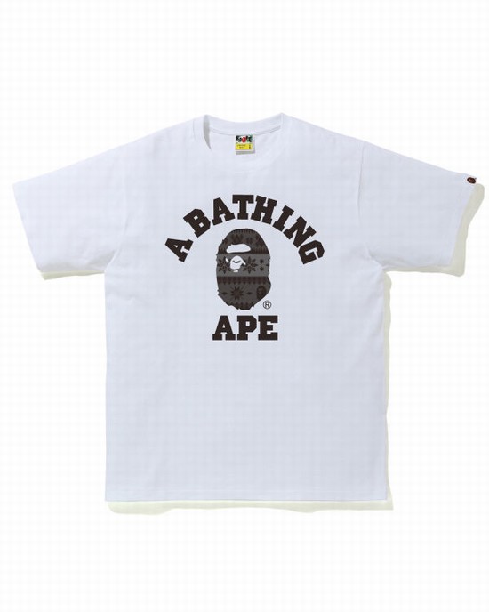 White Bape Snow Pattern College Men's T Shirts | ZA-56928