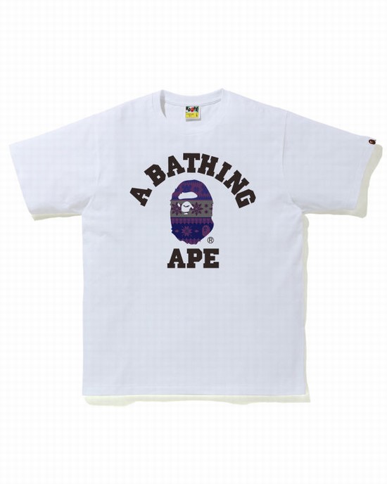 White Bape Snow Pattern College Men's T Shirts | ZA-69317