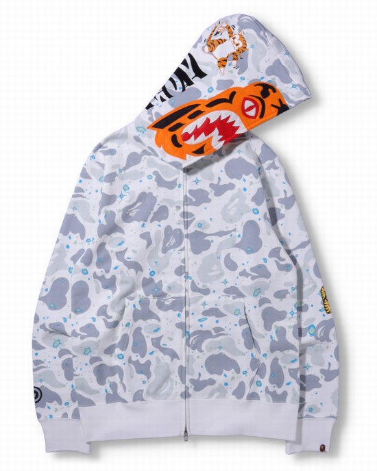 White Bape Space Camo Tiger Full Zip Men's Hoodie | ZA-71604