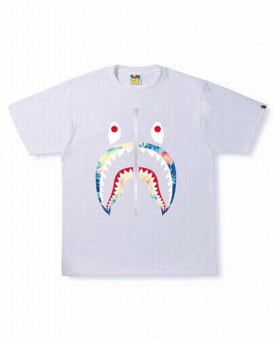 White Bape Tie Dye Shark Men's T Shirts | ZA-01724