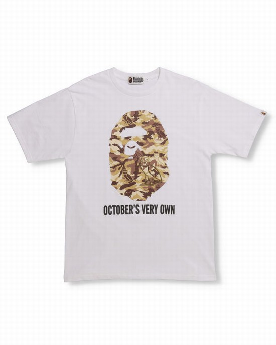 White Bape X OVO Woodland Camo Ape Head Men's T Shirts | ZA-05726