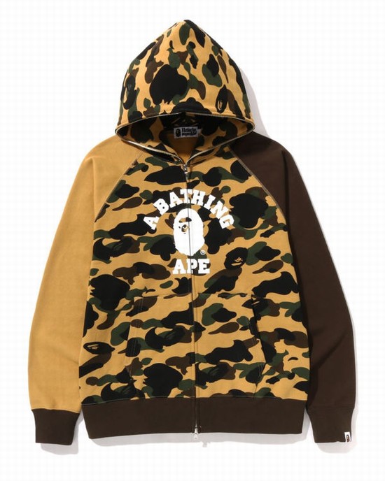 Yellow Bape 1st Camo Crazy College Full Zip Men's Hoodie | ZA-39481