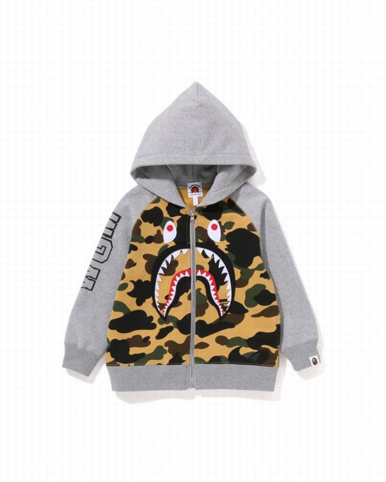 Yellow Bape 1st Camo Shark Patch Zip Kids' Hoodie | ZA-46385