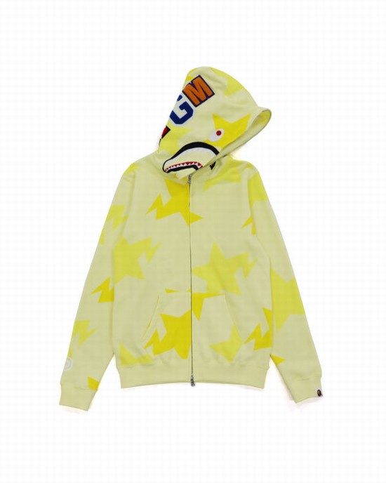 Yellow Bape STA Pattern Shark Zip Kids' Hoodie | ZA-97168