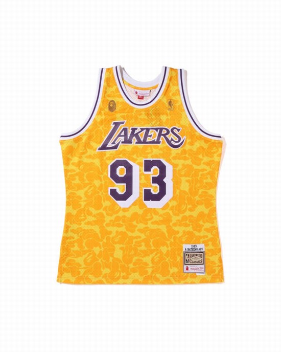 Yellow Bape X M&N Los Angeles Lakers Jersey Men's T Shirts | ZA-79815